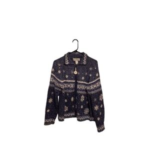Vintage Y2K Nordic Christmas Jacket L Blue Snowflake Fair Isle Novelty Grandma